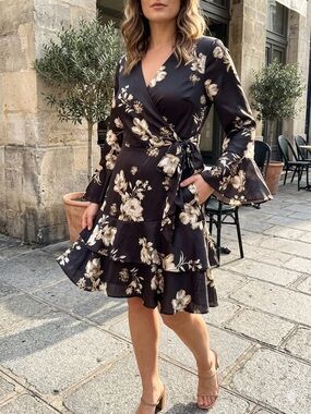 Satin Floral Wrap Ruffle Dress in Black and Cream